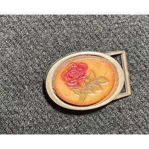 Vintage Brass Belt Buckle With Tooled Leather And Hand Painted Rose 1.5x2.5”